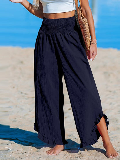 Pantalon décontracté ample en coton et lin à ourlet irrégulier plissé à taille haute pour femme 