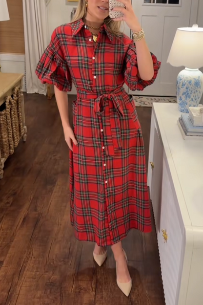 Women's Plaid Print Frilly Collar Long Sleeve Midi Dress