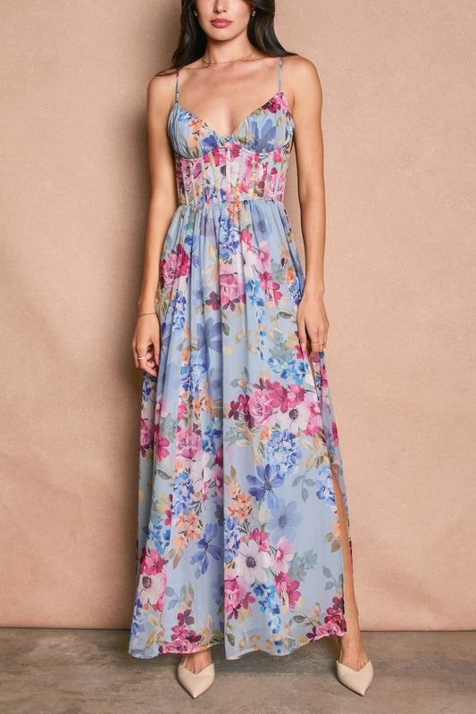 Corset Maxi Dress - Garden Blue