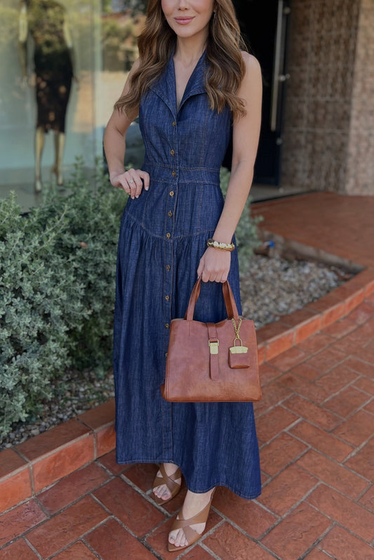 Sleeveless Collared Midi Dress with Front Button Details