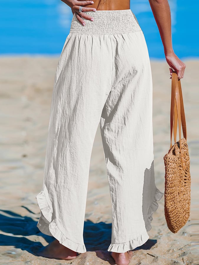 Pantalon décontracté ample en coton et lin à ourlet irrégulier plissé à taille haute pour femme 
