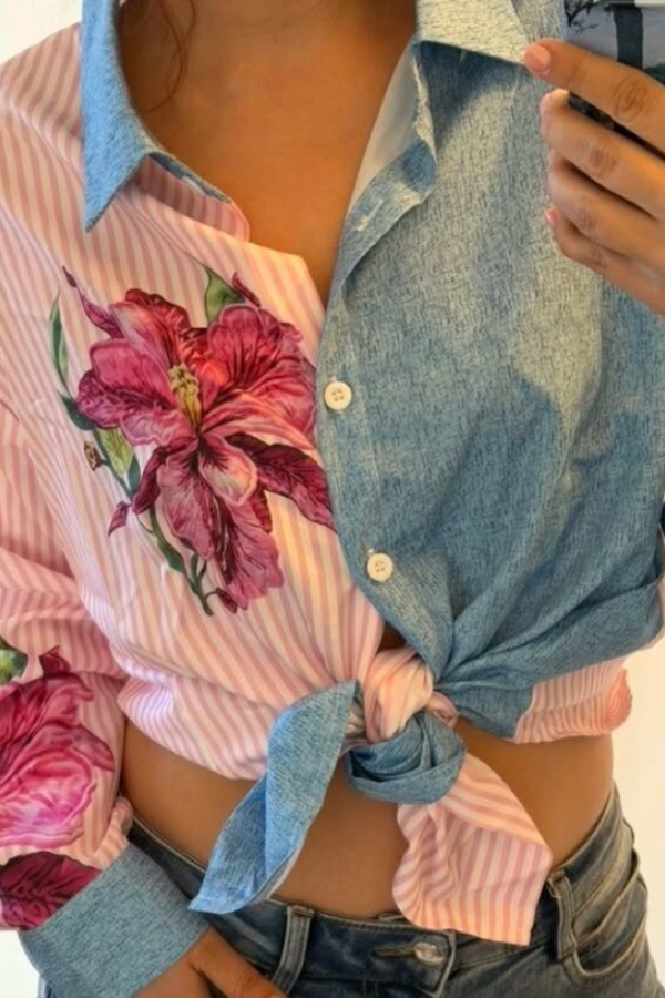 Contrast Floral Patchwork Oversized Shirt