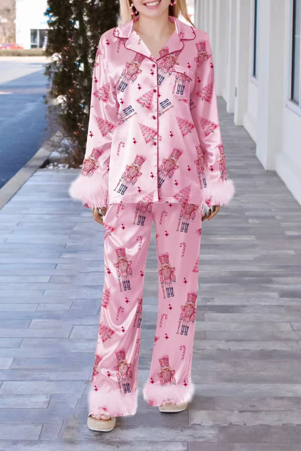 Christmas Holiday Pink Feather Women Pajams Set