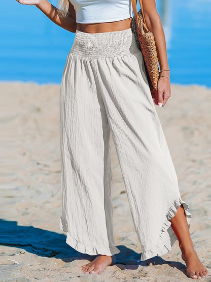 Pantalon décontracté ample en coton et lin à ourlet irrégulier plissé à taille haute pour femme 