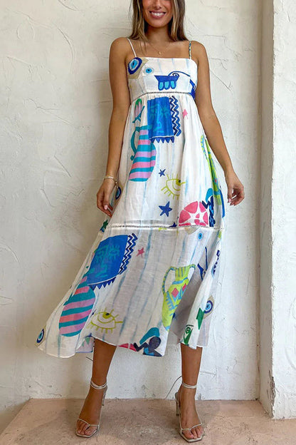 Robe mi-longue en lin mélangé à imprimé ludique et bordure en échelle She's The Fun