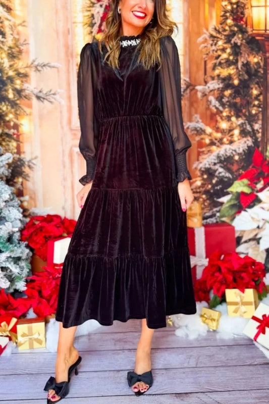 Winter Velvet Sheer Sleeve Maxi Dress