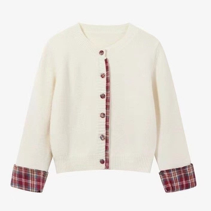 Cream Plaid Trimmed Cardigan