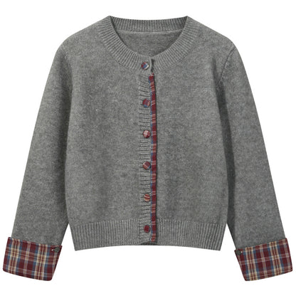 Cream Plaid Trimmed Cardigan