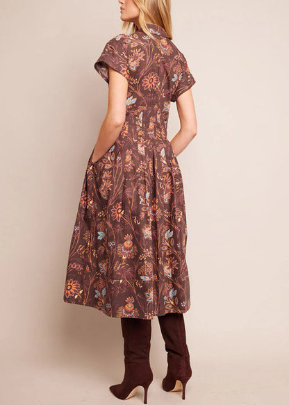 Robe mi-longue marron à fleurs vintage