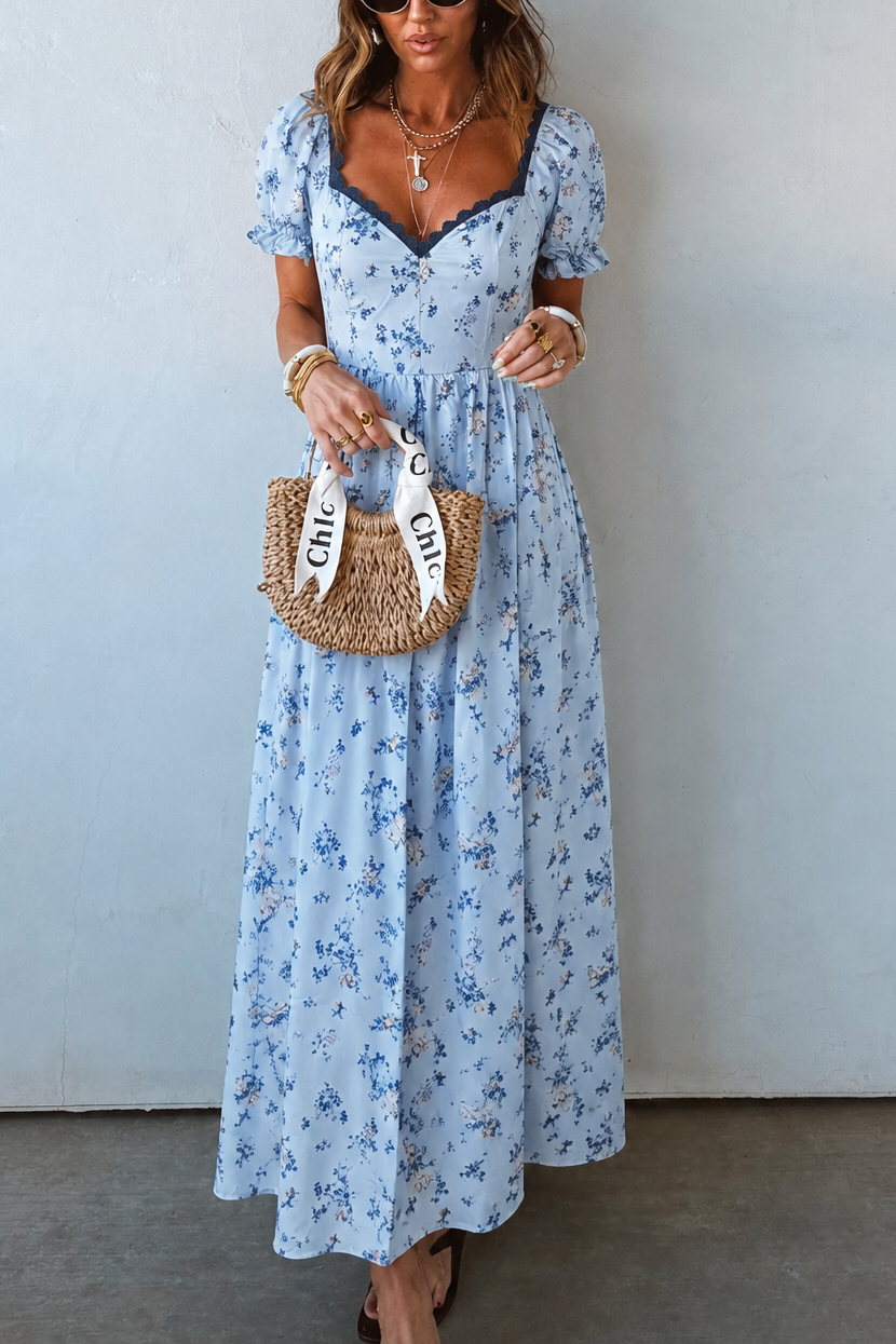 Floral Print V-Neck Puff Sleeve Dress