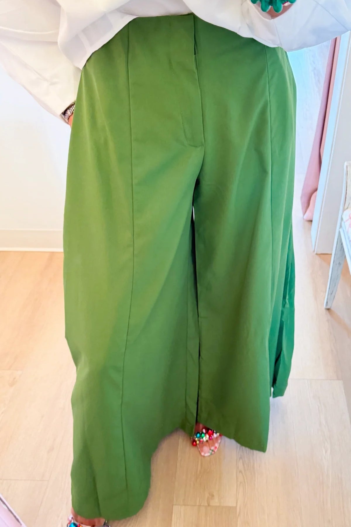 White Balloon Poplin Top and Green A Line Palazzo Pants Two-Piece Set