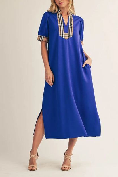 Solid Color Midi Dress with Contrasting Classic
