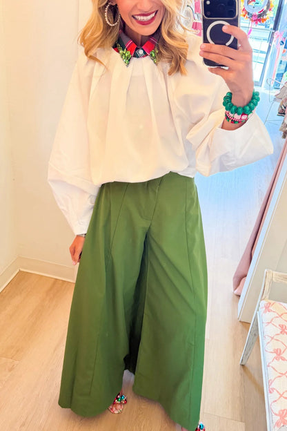 White Balloon Poplin Top and Green A Line Palazzo Pants Two-Piece Set