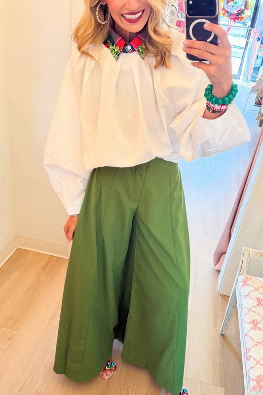 White Balloon Poplin Top and Green A Line Palazzo Pants Two-Piece Set
