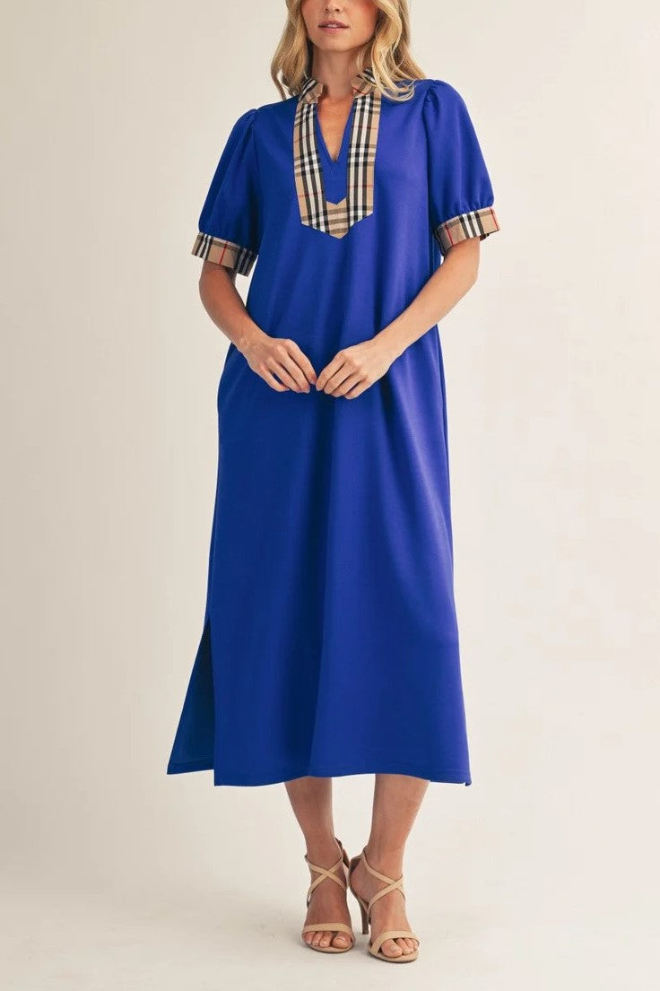 Solid Color Midi Dress with Contrasting Classic