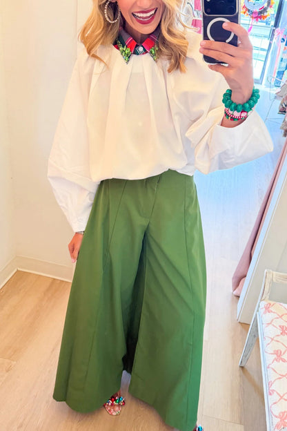 White Balloon Poplin Top and Green A Line Palazzo Pants Two-Piece Set