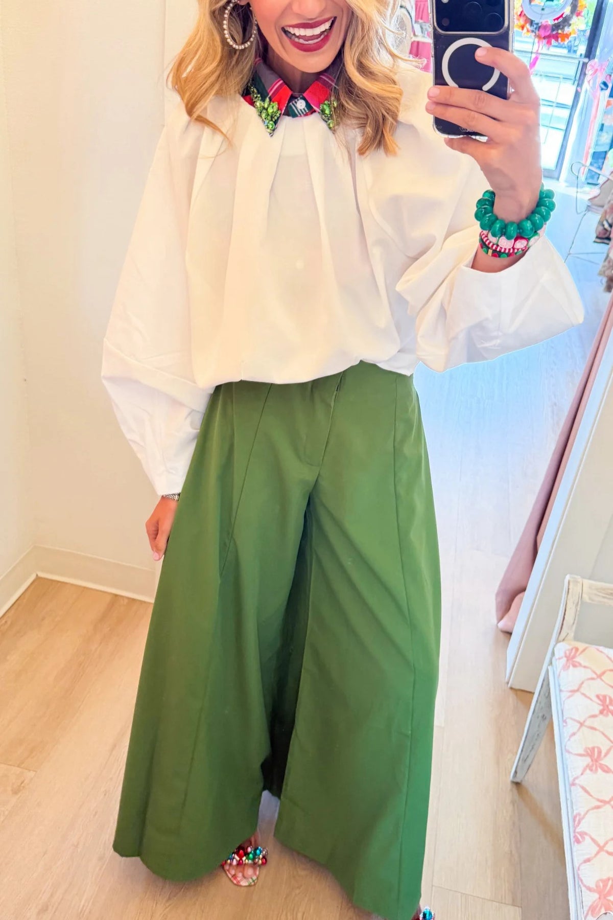 White Balloon Poplin Top and Green A Line Palazzo Pants Two-Piece Set