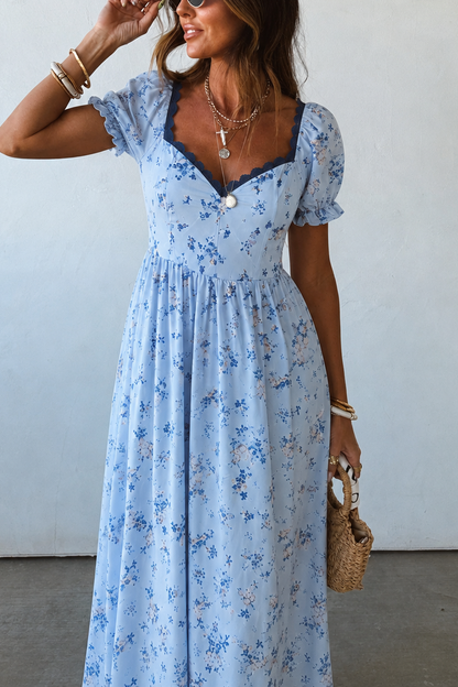 Floral Print V-Neck Puff Sleeve Dress