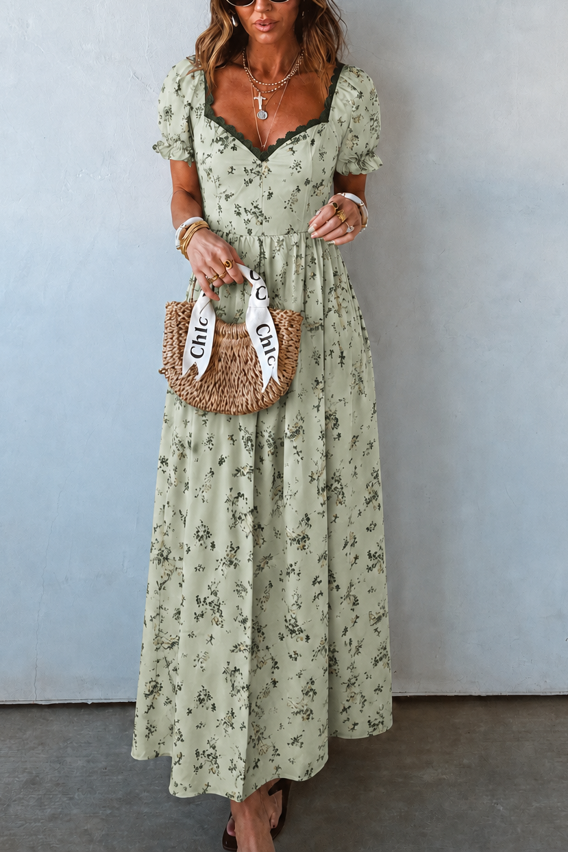 Floral Print V-Neck Puff Sleeve Dress