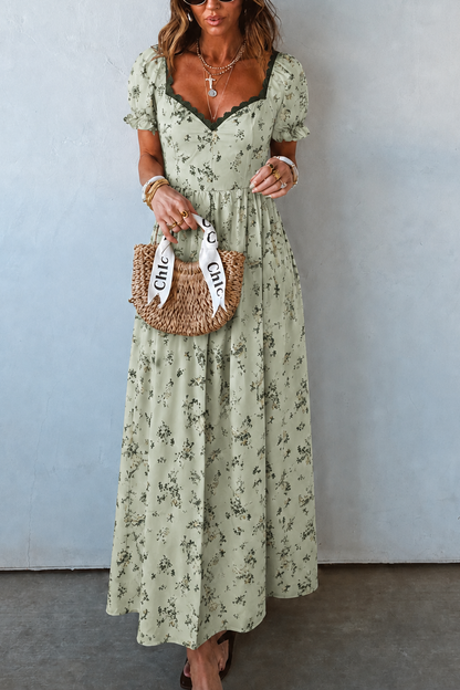 Floral Print V-Neck Puff Sleeve Dress