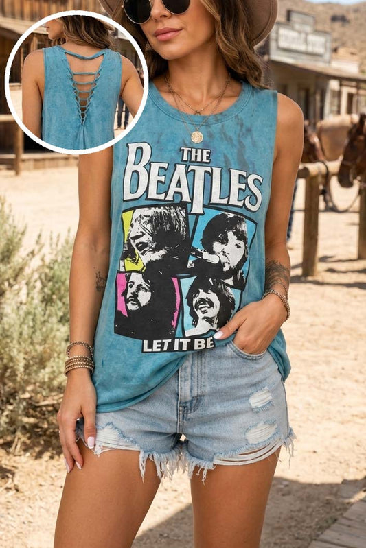 The Beatles Let It Be Tank Top Womens Graphic Band Tee Lace Up Caged Back