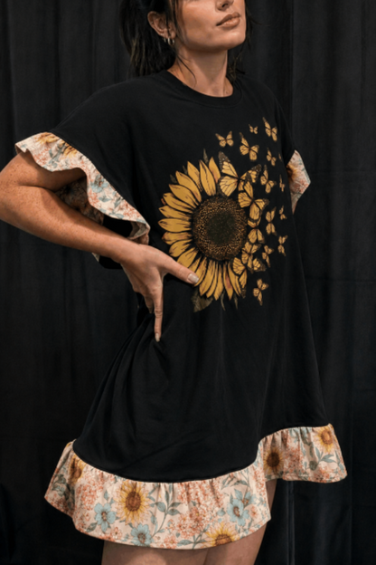 Art Print Tee Dress -Sunflower Butterflies