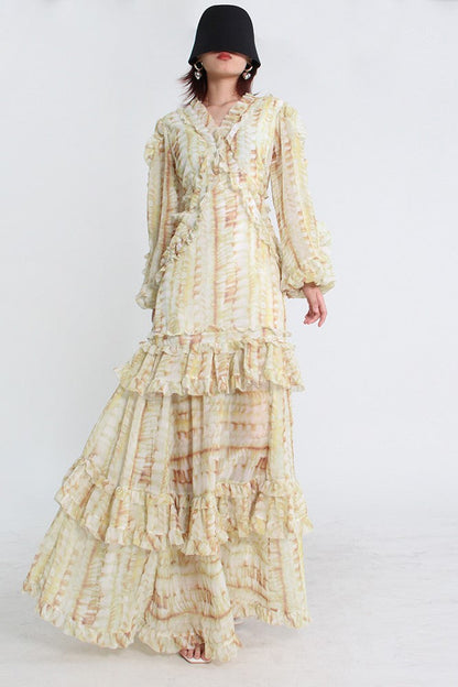 Robe longue en dentelle à col en V et manches bouffantes avec ourlet à volants superposés Jaune