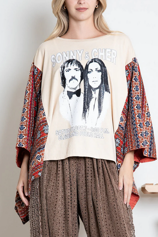 BlueVelvet Sonny & Cher Print Top with Mixed Print Sewn Poncho Sleeves in Beige