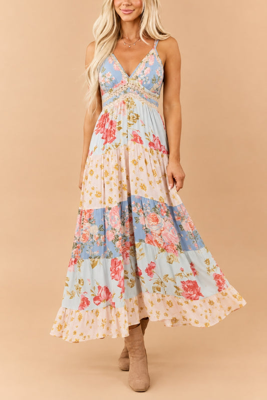 Multicolor Printed Lace Inset Tiered Maxi Dress