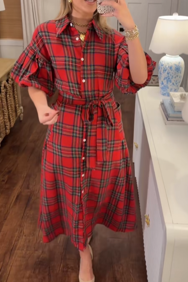 Women's Plaid Print Frilly Collar Long Sleeve Midi Dress