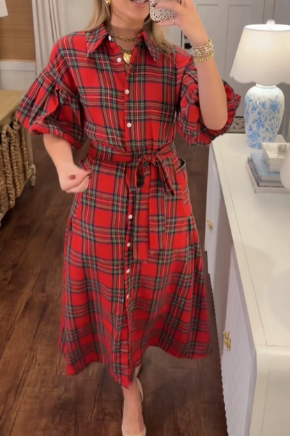 Women's Plaid Print Frilly Collar Long Sleeve Midi Dress