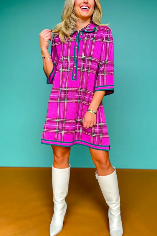 Eleanor Knit Dress In Pink Plaid