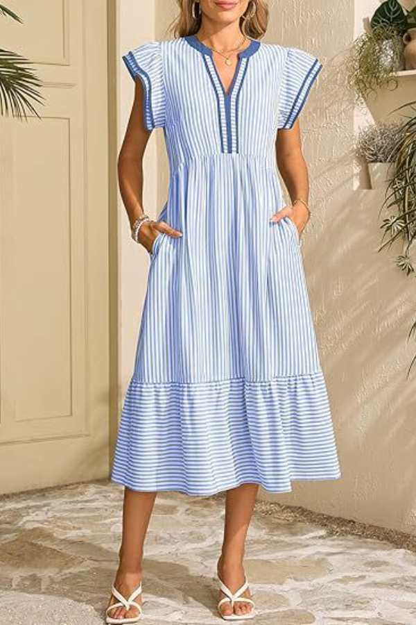 Summer V-Neck Ruffle Cap Sleeve Empire Waist Flowy Striped Beach Midi Maxi Dress