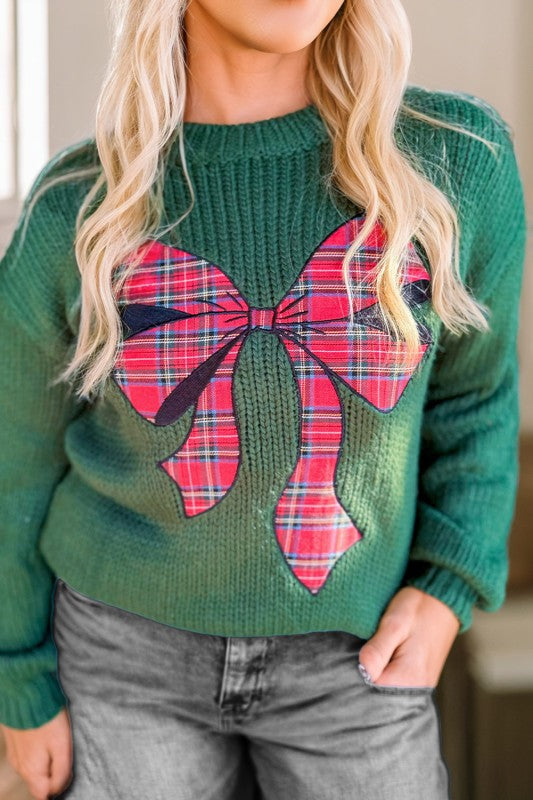 Santa Green Knit Sweater With Plaid Bow