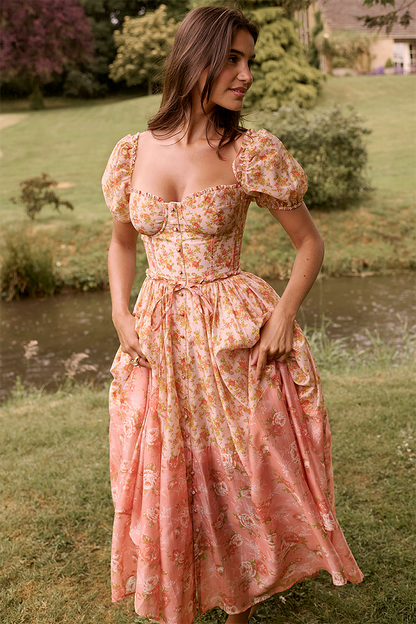 Robe mi-longue à imprimé floral, manches bouffantes, taille cintrée, colorblock