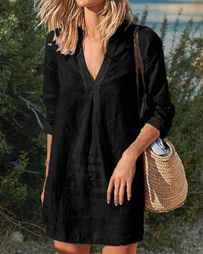 Robes unies décontractées vintage à col en V