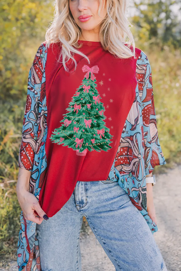 Christmas Tree Print Bat Sleeve T-shirt (no Back Pocket)