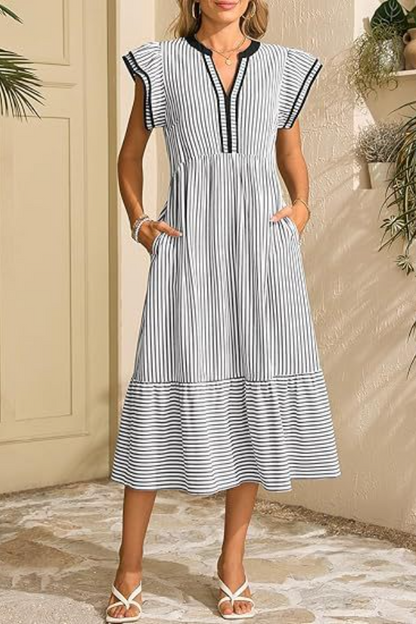 Summer V-Neck Ruffle Cap Sleeve Empire Waist Flowy Striped Beach Midi Maxi Dress