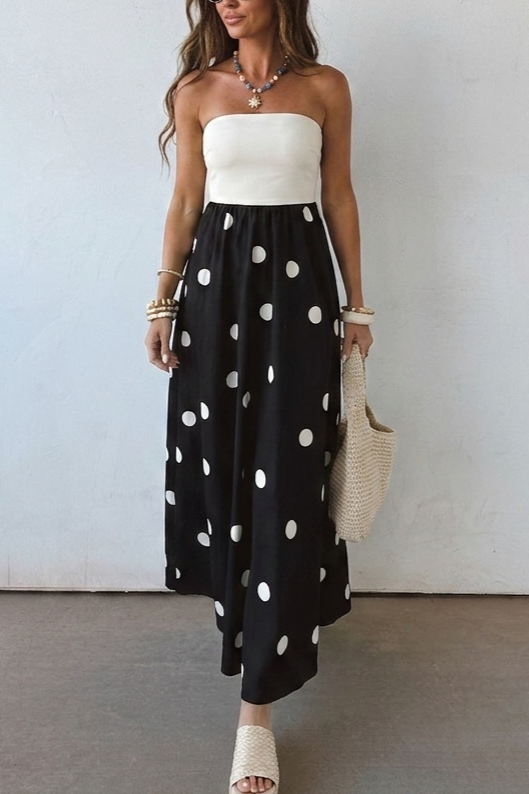 Black Polka Dot Strapless Maxi Dress