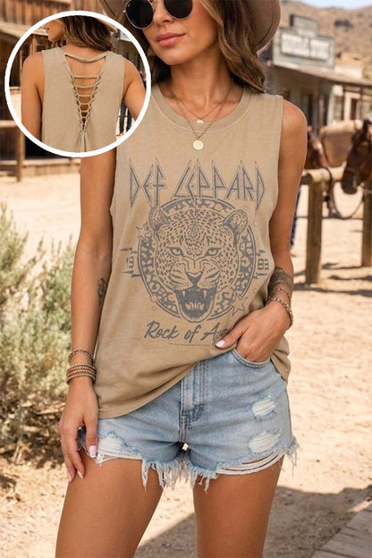 Def Leppard Tank Top Womens Graphic Band Tee Lace Up Caged Back