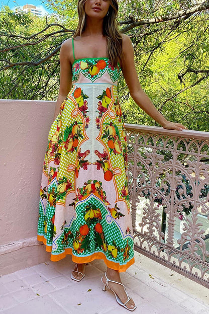 Robe trapèze sans manches à imprimé fruit en coton et lin