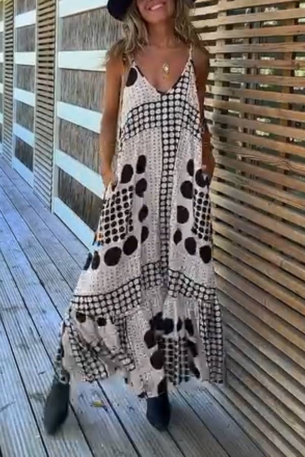 Vintage Polar Dot Stitching V-Neck Sling Dress