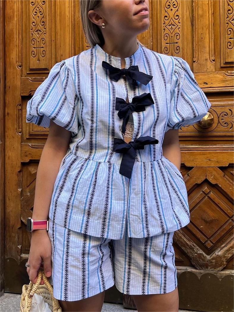 Blue Bow Striped Blouse Set