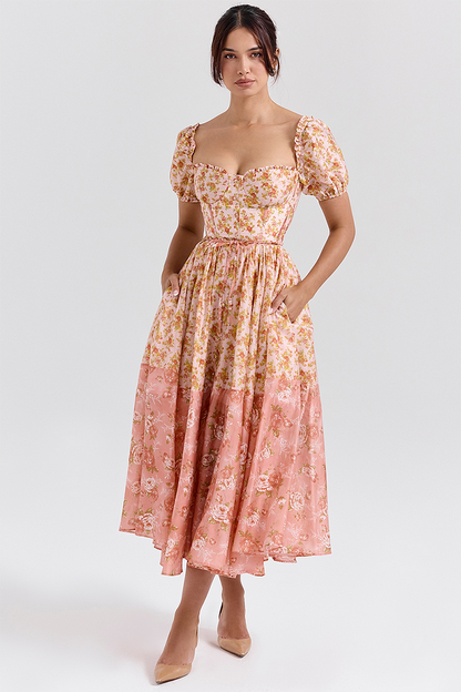 Robe mi-longue à imprimé floral, manches bouffantes, taille cintrée, colorblock