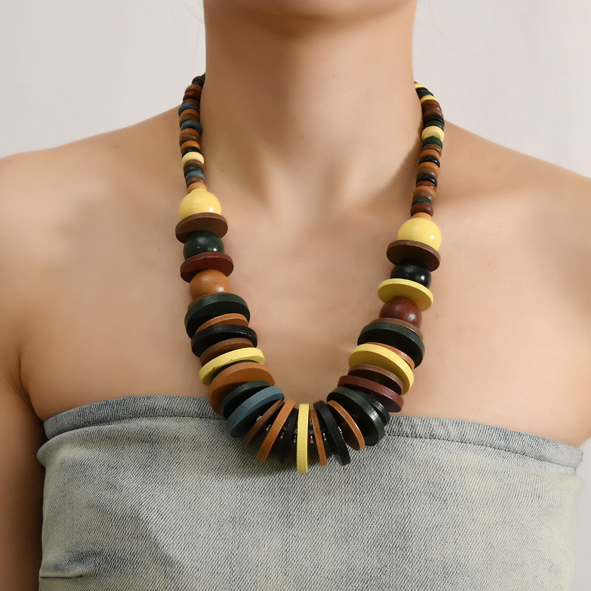 Bohemian colored wooden bead necklace