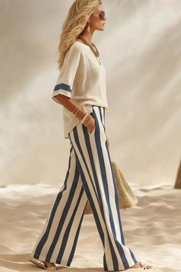 Beige Textured Color-block Top & Striped Elastic Waist Wide-leg Pants Set