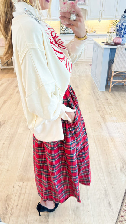Ivory and Red Candy Cane Bow Sweatshirt