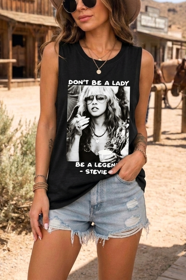 STEVIE LEGEND Tank Top Womens Graphic Band Tee Lace Up Caged Back