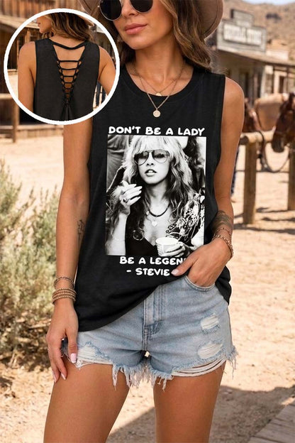 STEVIE LEGEND Tank Top Womens Graphic Band Tee Lace Up Caged Back