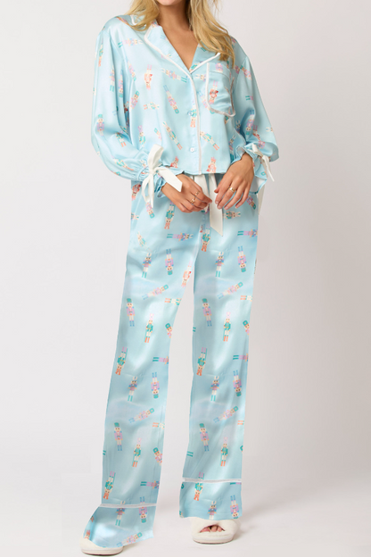 Women's Santa Christmas Satin Lapel Neck Pajama Set